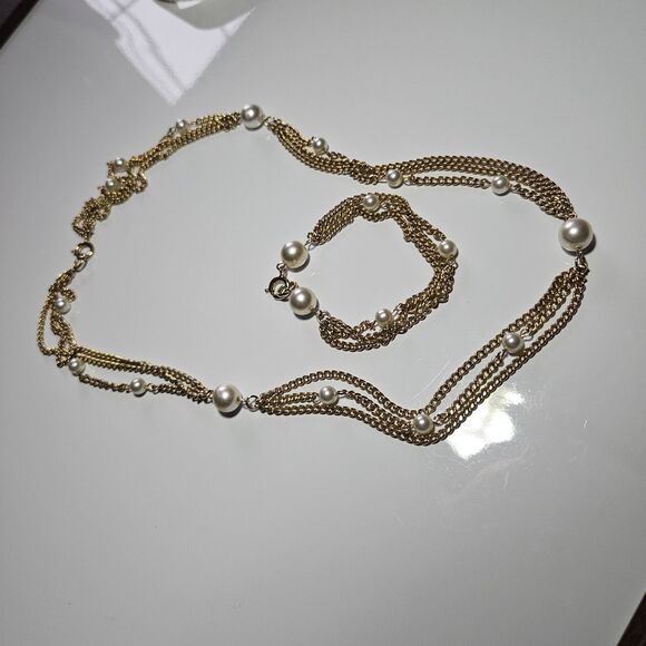 *Sale* Vtg 1970s Emmons Scenario Faux Pearl Bead Gold Tone Necklace Bracelet - Picture 12 of 13